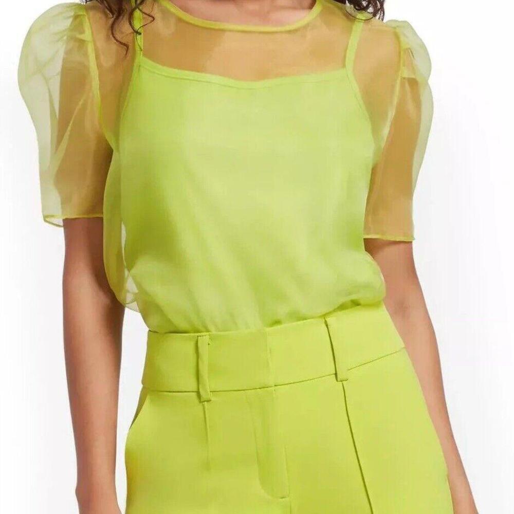 Amanda Uprichard Women's S Green Organza Smith Puff-Sleeve Round Neck Blouse Top